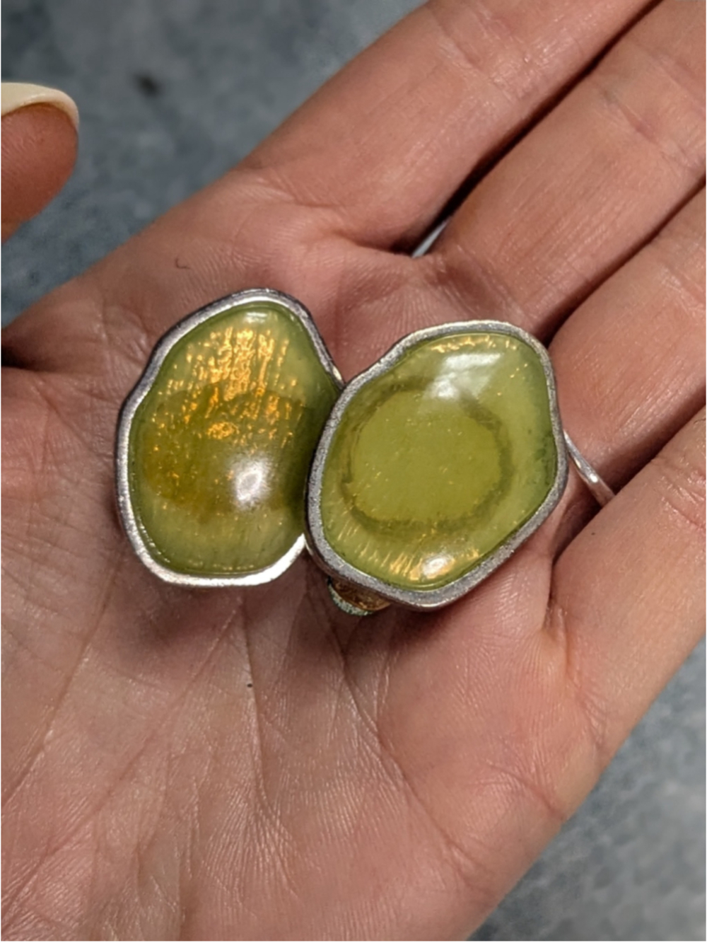 Vintage 1970s Organic Freeform Yellow Lucite Resin Clip On Earrings Silver Tone
